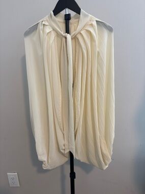 Ivory Sheer Draped Blouse Size L Cape Sleeve Tie Neck Top